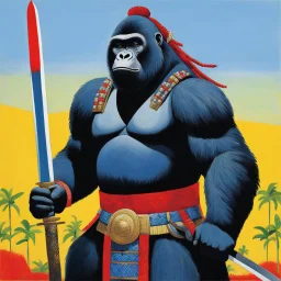 [art by David Hockney] a gorilla female with dreadlocks, clad in intricate samurai armor, stood poised on high guard, her keen eyes scanning the horizon for any sign of danger. In her powerful grip, she wielded a gleaming katana, its blade reflecting the light with a deadly glint.