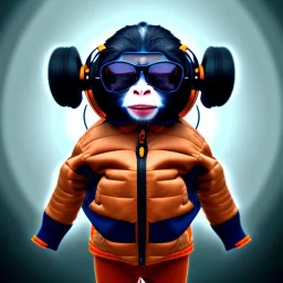 Monkey toddler, smile, steampunk headphone, sunglass, gangsta neckless, full body, orange puffer jacket, tokio background, dramatic lighting, hyper realistic, unreal engine 5, 16k