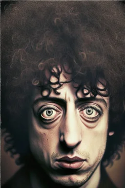 Bob Dylan face with big eyes and fathered hair