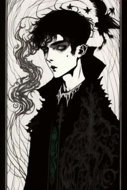 17 year old boy, necromancer, friendly, looks dead, surrounded by weird smoke with eyes, wearing black robes, in the style of Harry Clarke