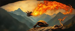 pin hole cam, master oil painting by Rembrandt, good afternoon turtle dragon with fire breath against camera, in mountain pass