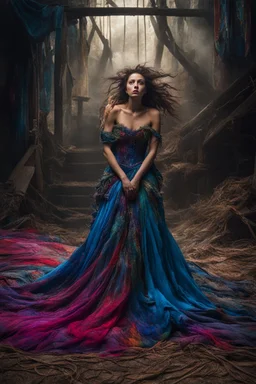 Bound and thrown to the floor, a woman exudes vulnerability in a fantastical setting. Her tattered gown clings to her bruised skin, hair tangled and wild. The scene is depicted in a stunning photo, showcasing intricate details and vivid colors. it captures the desperation and strength in her eyes, making the viewer feel the intensity of her situation. This masterful image blends beauty with turmoil, immersing the audience in a powerful narrative.