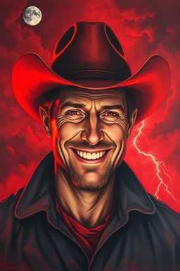 Bosch painting style nightmare, cowboy smiling portrait with, a red light reflecting .red background all are red cloudy stormy with thunder in the background with half moon.