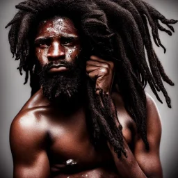 African-American man, wet dred locked hair, with sweat on face, serious, masculine, heroic, with facial hair, dripping, intricate details, hyper realistic sweat, fine details in skin texture, model photography, studio portrait lighting, 8k -ar 3:5- upright -beta -no blur