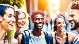 four happy people discussing health and wellness on a street, close up, bokeh