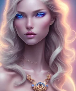 Femme cosmique, très belle ,fine, jolie, yeux bleu, visage de côté, éclairage d'accentuation, cheveux blond ondulé avec des fleurs, collier en cristaux, très détaillé.