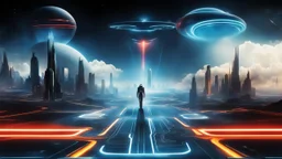 tron legacy movie, city of lights blue, red and yellow , programs, space ships, clouds, planets, creatures