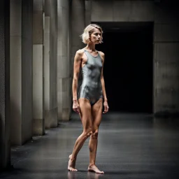 beautiful anorexic woman, total shot, short grey metallic triathlon swimsuit, short blond wavy bob hair, blurred concrete background