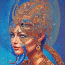 portrait femme à tête de cobra magique Inde bleu psychédélique peinture à l'huile