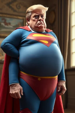 a thoroughly confused, frail, elderly and obese donald trump standing dressed as cartoon superman