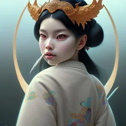 storybook illustration of cute little tengu yokai girl, raven-black hair, wearing a kimono, digital painting, pastel, illustration, art by artgerm and greg rutkowski and alphonse mucha, procreate, epic, fantastic, featured on cgsociety.art by Greg Rutkowski, Alphonse Mucha, Artgerm