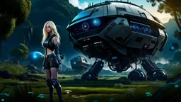 Wide-angle, full body of a woman, with straight blond hair, dressed like a robot, with equipment in her hands, next to a crashed spaceship, on an alien jungle world in the multiverse