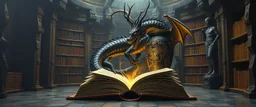 master oil painting by Escher and Giger, ancient library book obsidian black dragon inside huge vase and gold, master 3d models