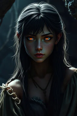 Dark Night. A unrealistic Beautiful cave girl of 22 year old. Bright Shining eyes. In the late year 2000BC. High detail. Photorealistic. 8k. Visually stunning. Detailed clothing. Only one Light source.