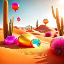 Bright, glittering, 3d, plastic-like, surreal objects in a bright environment, desert, noon light