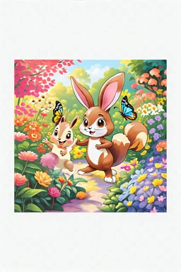 The bunny, squarrel and butterfly happily smile and dance in the colorful garden ,in the same style as reference image