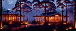 library in forest with fireflies and orange mystic lights around trees that have wide leaves and broad trunked. Night with moon light.