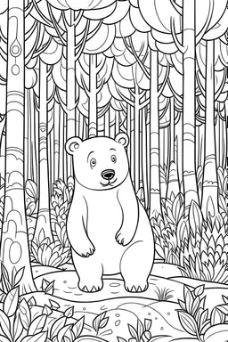 coloring page, bear in the woods, cartoon style, thick lines, low detail, no shading