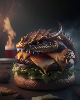 Photoreal gorgeous dragon-shaped cheeseburger by lee jeffries, 8k, high detail, smooth render, unreal engine 5, cinema 4d, HDR, dust effect, vivid colors