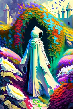 Castle hedge maze with multicolored flowers and hooded figure in white robes rpg art painterly