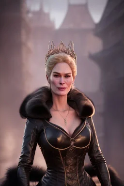 Cersei Lannister as evil queen in black leather and fur, busty, cleavage, voluptuous, lena headay, angry, stern look. character design by cory loftis, fenghua zhong, ryohei hase, ismail inceoglu and ruan jia. unreal engine 5, artistic lighting, highly detailed, photorealistic, fantasy