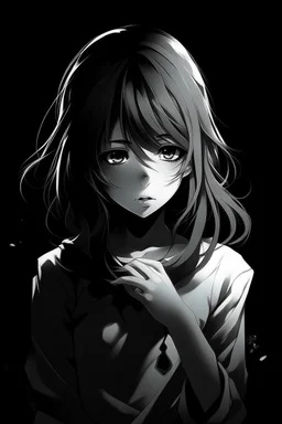 emotionless, numb, heartbroken, black and white, anime girl with black background