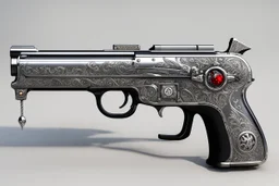 Demonic Pistol chrome with gadgets and accessories and antechrist symbols system, it is in its bone box with ivory and devil symbols