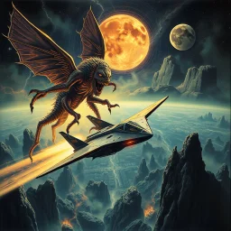 a high definition screen shot of a ancient comic book cover detailing the creatures found on other worlds, reta high definition screen shot of a jet-fighter vw-beetle, retrofuturistic, phototrealism, in flight, one subject, thunderstormncc 1701 enterprise Macabre Rapture End of days Revelation scene,rofuturistic, phototrealism, Macabre Rapture End of days Revelation scene, isanely detailed matte oil painting, sinner apotheosis,diagonal composition, unbalanced, abstract surreal horror, eerie,