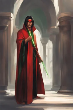 Full Body, Male Tan Human, Sith, Red Blindfold, Green and Black Robes, Handsome face, Black hair.