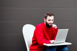 Man using laptop in red sweater