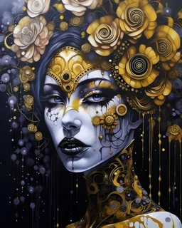 Aquarelle ar yellowt Acrylic pouring liquid art Beautiful vantablack voudore biomechanical watercolour art young faced woman portrait adorned wirh biomechanical bioluminescense vantablack and dark violet and white glitter cover rose headdress and metallic golden filigree floral. Embossed costume armour organic bio spinal ribbed detail. Of rainy gothica background extremely detailed hyperrealistic aquarelle art maximálist concept art