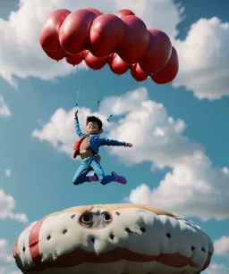 Ultra realistic clouds sky scene, medium shot view, portrait, Childs free jumping flying with trinkets, smile, happy, Wes Anderson style, inflatable color clothing, extreme, wind, clouds sea, 20,000 feet altitude, stratosphere, soft color, highly detailed, unreal engine 5, ray tracing, RTX, lumen lighting, ultra detail, volumetric lighting, 3d, finely drawn, high definition, high resolution.