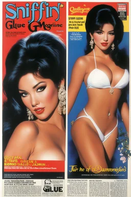 SNIFFIN’ GLUE magazine high res photo cover by Russ Meyers. Special oriental erotism issue nbe 541, June 2034: turn your ex boyfriend into a bimbo ; guest star : the magic of shape shifting aladin to Jasmine in three steps (three images: Aladin on the left, Jasmine on the right, partly transformed in the middle),