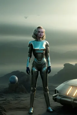 Ultra Realistic retro sci-fi scene, portrait, 2 blonde woman clones, sweet young Marilyn Monroe face, perfect iris, tight latex coat, helmet, Strange planet background. Spaceship, fog, rain, soft color, highly detailed, unreal engine 5, ray tracing, RTX, lumen lighting, ultra detail, volumetric lighting, 3d, finely drawn, high definition, high resolution.