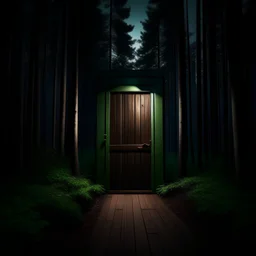 outsite room with wooden door in the middle of a forest at night