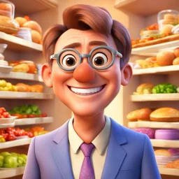 Disney pixar 3D style tan skin middle aged man with short haircut wearing thin round glasses and suit in food background smiling