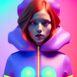 redhead woman teenager, padded coat, retro futuristic, latex dress, gradient color, BLUE, PINK, CYAN, neon, insanely detailed, 16k resolution, perfect eyes, cinematic smooth, intricate detail