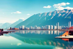 Sunny day, modern city, lake, lake reflections, people, mountains