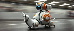 blind contour robot snail cow like space ship massage master guru fast moving motion blur background