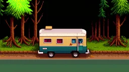 A camping bus at the side of a road, facing towards a cozy forest scenery. Digital art. Pixel Art. Cozy. Warm. Cute. Using this colorscheme: "2f383e","374247","4a555b","859289","9da9a0","d3c6aa","e4e1cd","fdf6e3","7fbbb3","d699b6","dbbc7f","83c092","e69875","a7c080","e67e80","eaedc8"