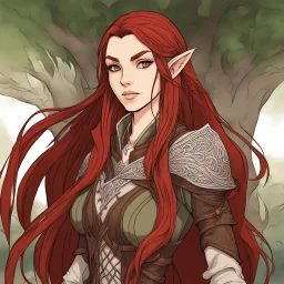 A confident high elven woman adventurer with long brown hair and red eyes, colored manga style, fantasy setting, intricately detailed