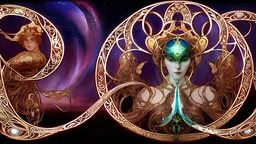 art by Alfons Mucha and Patrick Woodroffe, stained glass motif, bilateral symmetry, Ouroboros, infinity symbol, mystical, mechanistic, metaphysical, serpentine, cosmic, nebula, HD 4K, sharp detail, photo-realistic, octane rendering, award winning photography, cinematic lighting