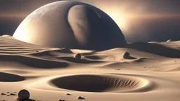 4k, hyper-realistic, Ultra-HD, Ray-tracing, Alien planet, mountainous, Has asteroid belt, milky way, stars, dark, black hole, Sand Worm rising from dunes, creatures, based on Dune by Frank Herbert