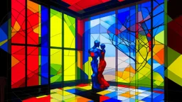 A colorful abstract interior scene with a large window overlooking a (misty outdoor landscape. In the foreground, there is a silhouetted sculpture of two embracing figures against a backdrop of vibrant geometric shapes and patterns in red, yellow, and blue)