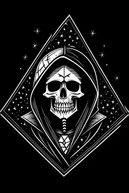 skeleton in a black hooded cloak drawn in a retro kid's cartoon style, inside a light diamond shape on a black background, monochromatic