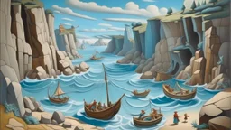 A light blue cove with washed up ships painted by Thomas Hart Benton