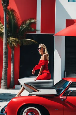 full body fashion style, blonde in red, perfect beauty and harsh aesthetics, Miami Beach, like the style of Rene Gruau,real stic detailed