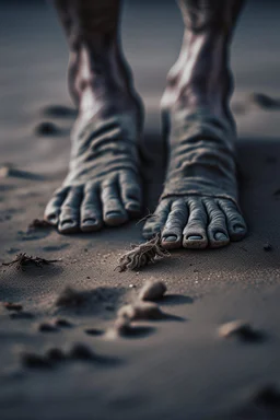 A toes looks dirty filled on the grey dark. Sands and dirt on a sands ground, a big spider crawling on the toes