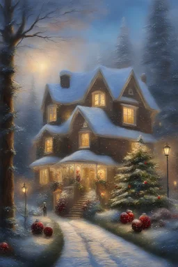 the giant house down the lane with Christmas Decorations, Oil on Canvas by Thomas Kinkade - 4k UHD, Ultra-realistic, Hyper realistic, Photorealistic, Realistic, absolute Reality