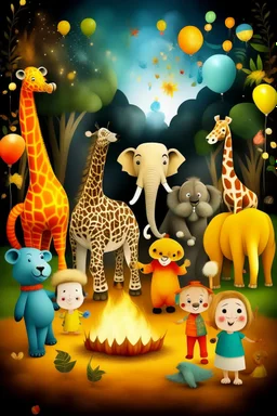 new year celebration fireworls family animals, elephant, bees, lion, bear, giraffe, tiger, peacock, panda,